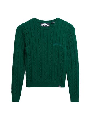 Jersey de punto verde con patrón de trenzas, cuello redondo, puños y dobladillo acanalados, con una pequeña etiqueta de logo cerca del dobladillo inferior.