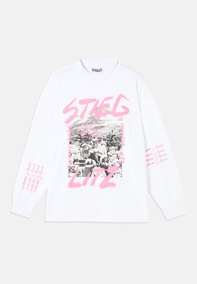 White long-sleeve t-shirt with a graphic print featuring black and white imagery and pink text, including "STIEGLITZ" and repeating phrases on the sleeves.