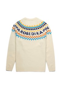 Maglione a collo rotondo color crema, con un vivace motivo geometrico in blu, arancione e giallo, con la scritta "ROBEDIKAPPA" sul petto.