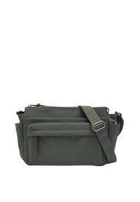 Zielona torba na ramię wykonana z materiału, z regulowanym paskiem, wielomazamykanymi przegródkami, smukłym prostokątnym kształtem i subtelnymi detalami w postaci szwów.