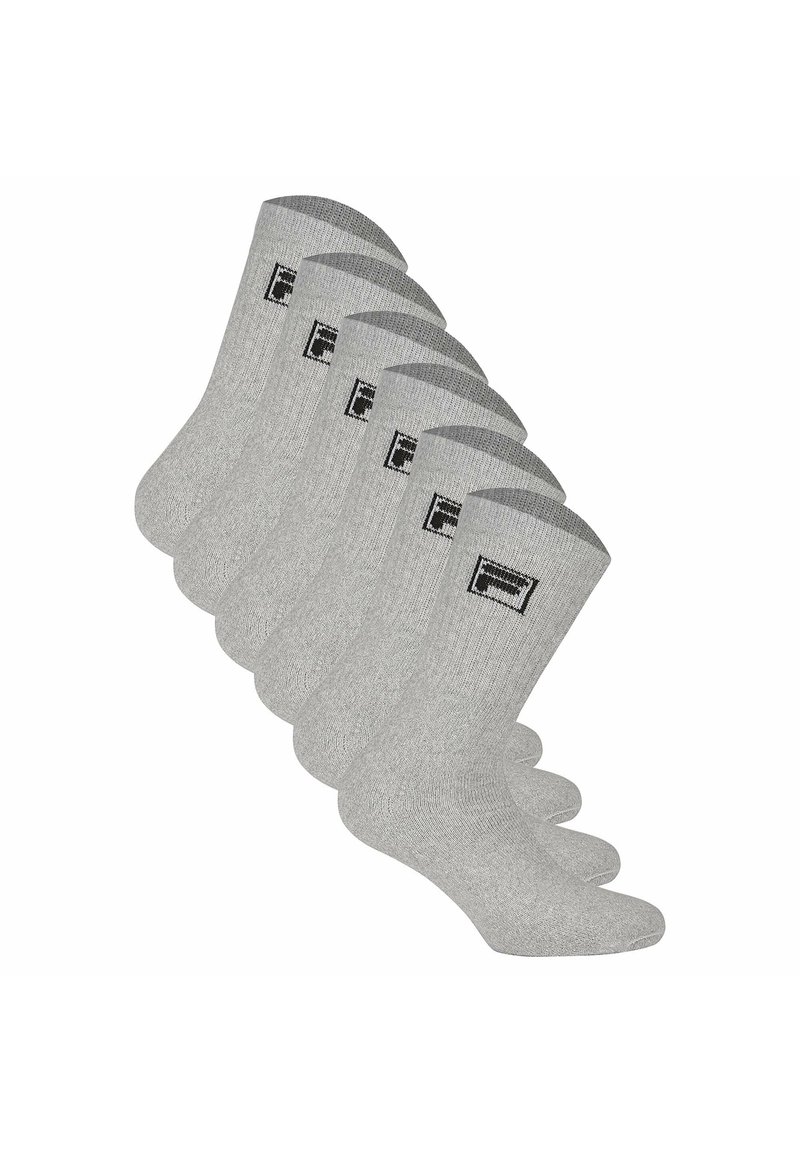 Calcetines de algodón gris tipo crew en un paquete de seis, con textura acanalada y un logo negro en el puño. Diseño suave y cómodo.