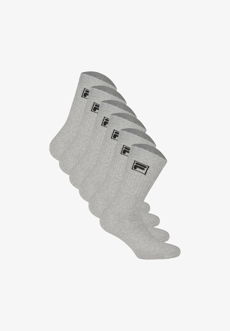 Calcetines de algodón gris tipo crew en un paquete de seis, con textura acanalada y un logo negro en el puño. Diseño suave y cómodo.