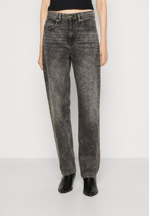 Jeans en denim noir taille haute avec un délavage, coupe droite, design à cinq poches et détails de couture visibles.