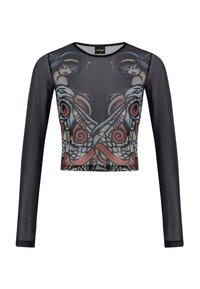 Black mesh long-sleeve crop top featuring a vibrant tattoo-inspired print with intricate patterns and colorful accents on the front.