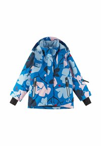 Blaue Jacke mit floralem Muster, hohem Kragen, verstellbare Kapuze und Reißverschlusstaschen. Verfügt über schwarze Bündchen und eine Mischung aus großen und kleinen Blumenmotiven.
