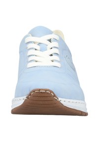 Light blue sneaker with white laces, leather upper, round toe, and brown rubber sole. Features a side logo and stitched accents.
