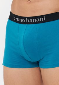 Tirkizne pamučne bokserice s crnim pojasom na kojem se nalazi naziv marke "bruno banani" u srebrnim slovima. Glatka tekstura, prilagođen dizajn.