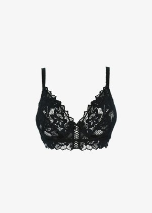 Bralette en dentelle noire avec un motif floral, décolleté en V, bretelles ajustables et un ourlet festonné. Texture douce avec des panneaux transparents.