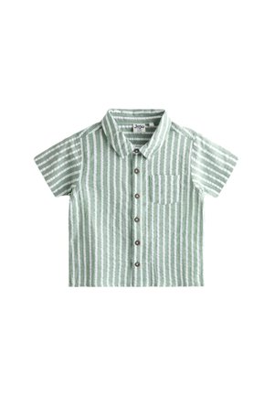 Kortærmet skjorte med grønne og hvide lodrette striber, knapper, krave og brystlomme.