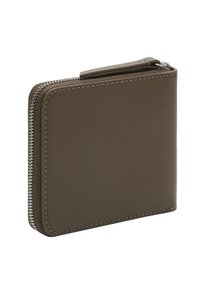 Brązowy skórzany portfel z zamkiem błyskawicznym, o prostokątnym kształcie i kontrastowym przeszyciu. Gładka faktura z minimalistycznym designem.