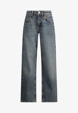 Jean bleu taille haute à jambes droites avec poches avant, passants de ceinture, fermeture bouton et détails délavés.