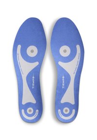 Blaue Einlegesohlen mit einer strukturierten Oberfläche, weißen Akzenten und ergonomischem Design, das ein kreisförmiges und abstraktes Muster für die Fußgewölbeunterstützung aufweist.