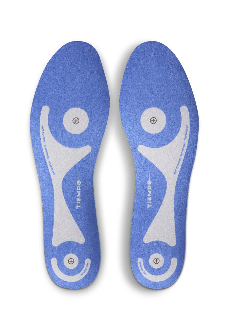 Sottopiedi blu con superficie testurizzata, accenti bianchi e design ergonomico che presenta un motivo circolare e astratto per il supporto dell'arco.