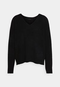 Schwarzer, gerippter Pullover mit V-Ausschnitt, langen Ärmeln und lässiger Passform. Das Material wirkt weich und strukturiert mit einem schlichten Design.