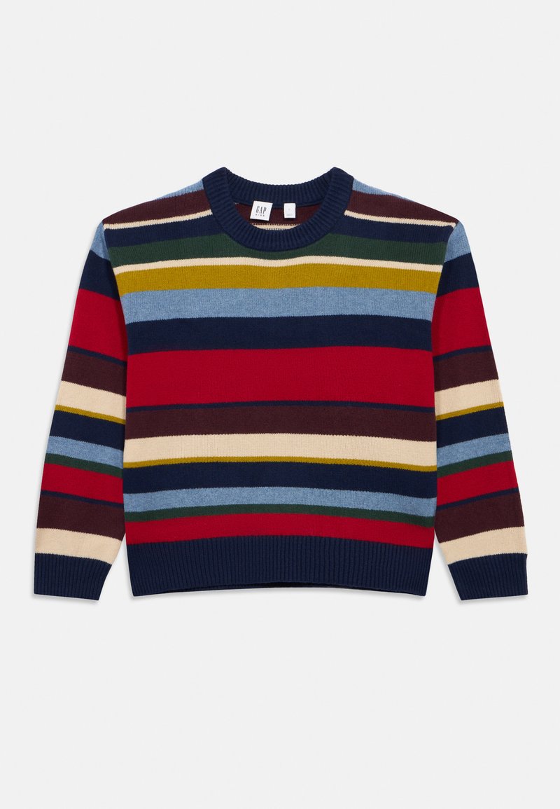 Multikrāsains svītrots džemperis ar sarkaniem, jūras zila, zaļiem un bēšiem horizontāliem joslām. Ribu apkakle un apakšmala tumši zilā krāsā. Adītas auduma tekstūra.