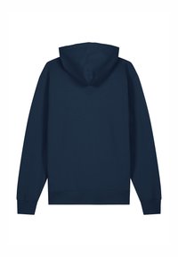 Sweat-shirt à capuche marine avec manches longues, texture lisse, poignets et ourlet côtelés, capuche ajustable avec cordon de serrage, sans logos ni motifs visibles.