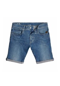 Shorts in denim blu medio con orlo arrotolato, dotati di cinque tasche, chiusura con bottone e un leggero effetto sbiadito per una maggiore texture.
