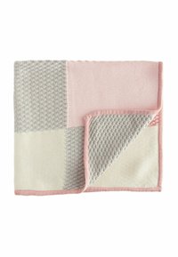 Knit blanket featuring a patchwork design in pale pink, light gray, and cream, with textured patterns and a smooth finish along the edges.