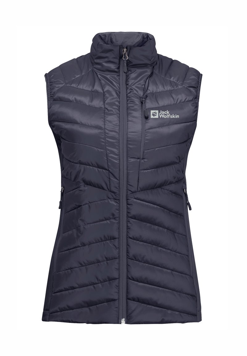 Gilet matelassé navy avec un col haut, fermeture éclair à l'avant et poches latérales, présentant un motif matelassé et un logo sur la poitrine.