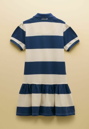 Laste lühikeste varrukatega kleit, millel on laiad tumesinised ja valged horisontaalsed triibud, kraega kaelus ja voltis seelik, taga kaelusel silt "Joules".