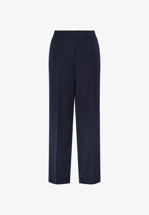 Granatowe spodni z delikatnym prążkiem, wykonane z lekkiego materiału. Posiadają prostą nogawkę, dwie przednie kieszenie oraz pasek w talii.