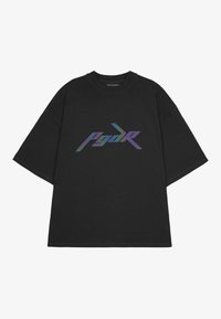 Black oversized t-shirt made of cotton, featuring a glossy multi-colored graphic logo "PgdR" on the front. Short sleeves and crew neck design.