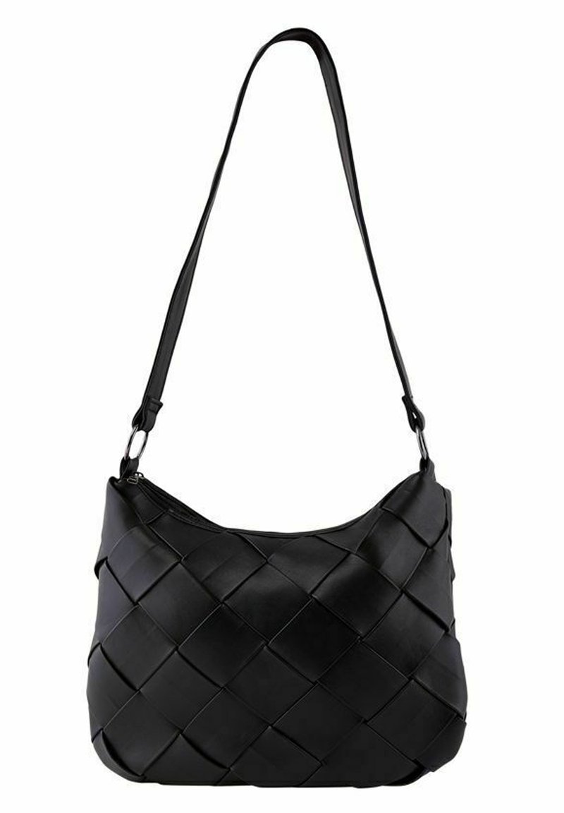 Sac à bandoulière en cuir noir avec large motif tissé et une seule sangle réglable, fermeture éclair sur le dessus.