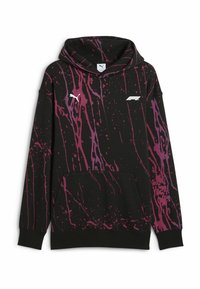 Sudadera negra con un patrón de salpicaduras moradas jaspeadas, bolsillo tipo canguro y acentos de logotipo blanco en el pecho y la manga. Textura de tela suave.