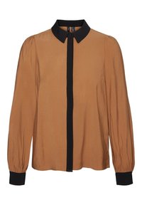 Blusa marrone a maniche lunghe con colletto nero e patta frontale. Presenta maniche a palloncino e polsini neri. Texture liscia, design minimalista.