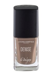Nagellackflasche mit schwarzem quadratischem Deckel und transparentem Glasboden. Der Lack ist in einem matten Taupe-Ton und trägt das Etikett "Denise" in weißem Text.