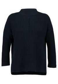 Navy knitted sweater with a high neck, featuring vertical ribbed patterns and dropped shoulders. Soft texture and relaxed fit.