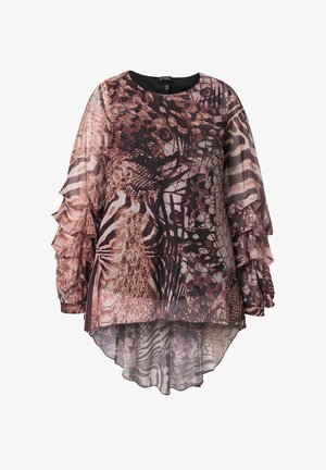 Gennemsigtig, trykt bluse med lange, flæseærmer. Har en blanding af jordnære farver og abstrakte mønstre. Bølgende kant.