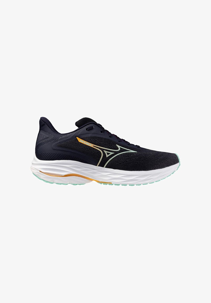 Black and white Mizuno running shoe with orange and light blue accents, mesh upper, and cushioned sole shown from side view.