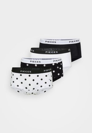 Viis paar naiste puuvillaseid aluspükse. Kujundused hõlmavad täpid ja ühtlasi värve: valge, must ja hall. Elastne vöökoht.