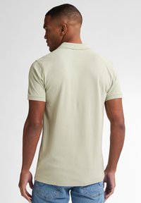 Polo shirt verde chiaro con colletto classico, maniche corte e una consistenza liscia e morbida. Presenta un orlo dritto e dettagli di cucitura sottili.