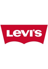 Röd bakgrund med en vit, stiliserad Levi's-logotyp som har en djärv, krökt design och en framträdande svans i form av en spetsig båge.