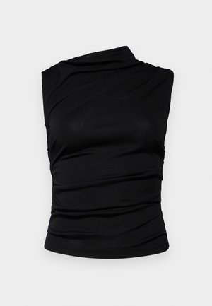 Top senza maniche nero con scollatura asimmetrica, caratterizzato da tessuto arricciato per texture e una silhouette aderente. Materiale liscio e elasticizzato.