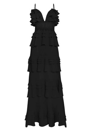Schwarzes Maxikleid mit tiefem V-Ausschnitt, gestuften Rüscheln und einer Spitzenbordüre an der Taille. Hat dünne Träger und strukturierte Lagen.