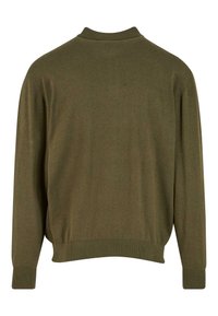 Olive green long-sleeve pullover sweater with ribbed cuffs, hem, and mock neck, shown from the back on a white background.