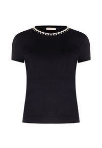 T-shirt nera a maniche corte con scollatura decorata da perline, texture morbida e vestibilità standard.