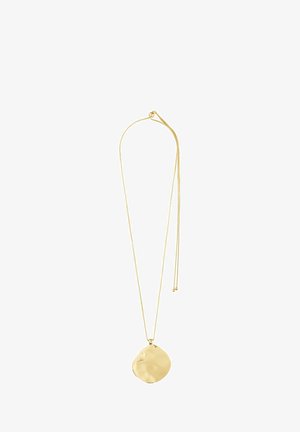 Gold necklace with a thin chain and a large, irregular, shiny pendant with a smooth, wavy surface.