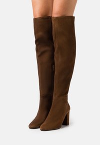 Stivali marroni alti fino al ginocchio in morbido camoscio con tacco a blocco, dotati di una cerniera laterale e una texture liscia.