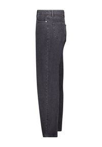 Donkergrijze denim jeans, rechte pijpen ontwerp, vijf-pocket stijl, met witte stiksels en een achterzak met een gestikt patroon.