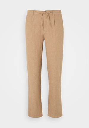 Beige Leinenhosen mit geradem Bein, Kordelzugbund und dezent strukturiertem Finish. Vorderfalten verleihen dem klassischen Stil Detail.