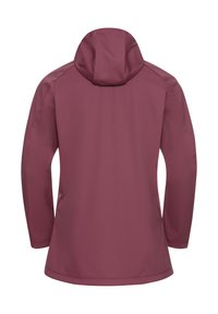 Giacca impermeabile bordeaux con cappuccio, maniche lunghe e una texture liscia. Presenta un design semplice e una silhouette snella.