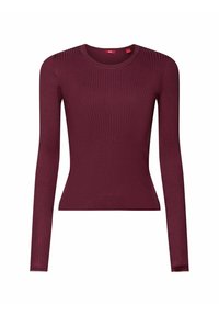 Burgundinpunainen pitkähihainen ribbineulepaita, jossa pyöreä kaula-aukko, istuva siluetti ja sileä koostumus.
