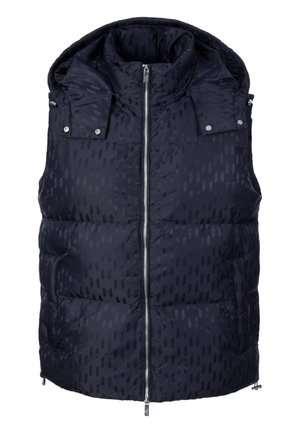 Navy blue padded sleeveless vest with front zipper, high collar, detachable hood, and subtle geometric pattern.