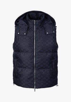 Laivastonsininen, toppauksella varustettu, hihaton liivi, jossa on etuvetoketju, korkea kaulus, irrotettava huppu ja hienovarainen geometrinen kuvio.