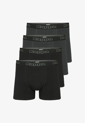 Cuatro pares de bóxers Kappa en diferentes tonos de negro y gris, con una cinturilla elástica que presenta el logo de Kappa.