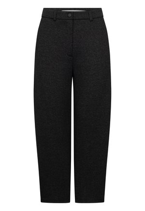 Black high-waist straight-leg trousers with belt loops, front button and zip closure, and side pockets.
